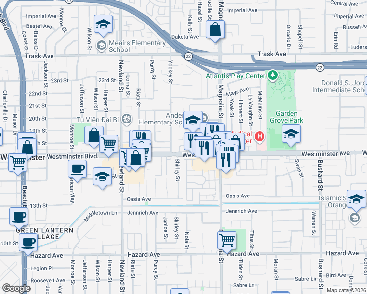 map of restaurants, bars, coffee shops, grocery stores, and more near 8788 Saint John Drive in Garden Grove