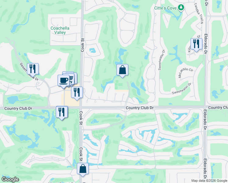 map of restaurants, bars, coffee shops, grocery stores, and more near 133 Avellino Circle in Palm Desert