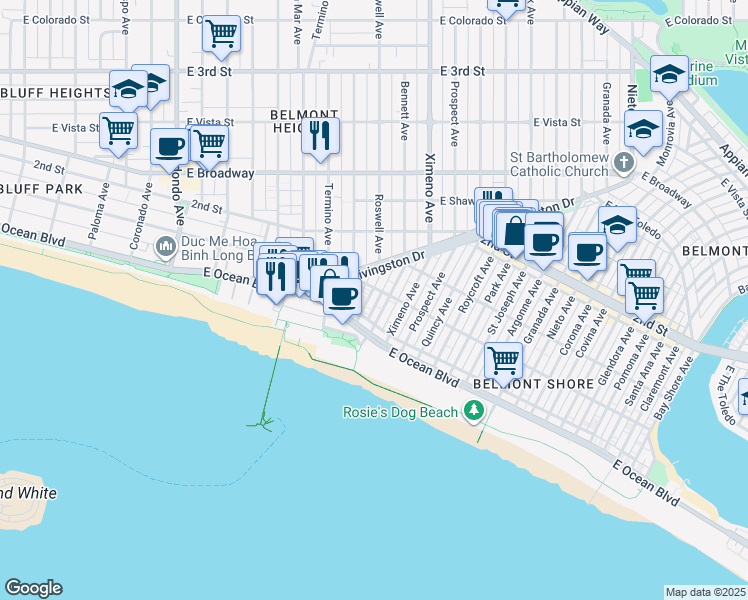 map of restaurants, bars, coffee shops, grocery stores, and more near 52 Roswell Avenue in Long Beach