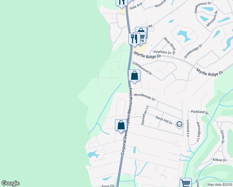 map of restaurants, bars, coffee shops, grocery stores, and more near 1022 Woodfield Circle in Conway