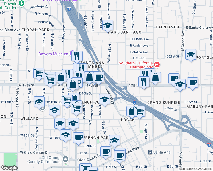 map of restaurants, bars, coffee shops, grocery stores, and more near 434 E 17th St in Santa Ana