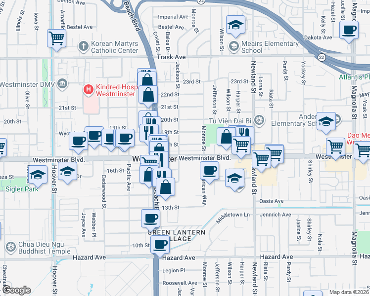 map of restaurants, bars, coffee shops, grocery stores, and more near 8151 18th Street in Westminster