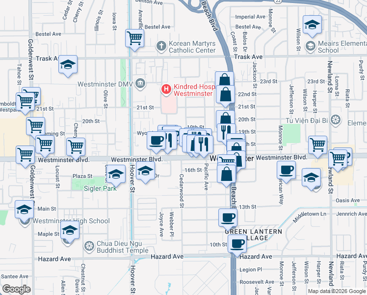map of restaurants, bars, coffee shops, grocery stores, and more near 13900 Jasperson Way in Westminster