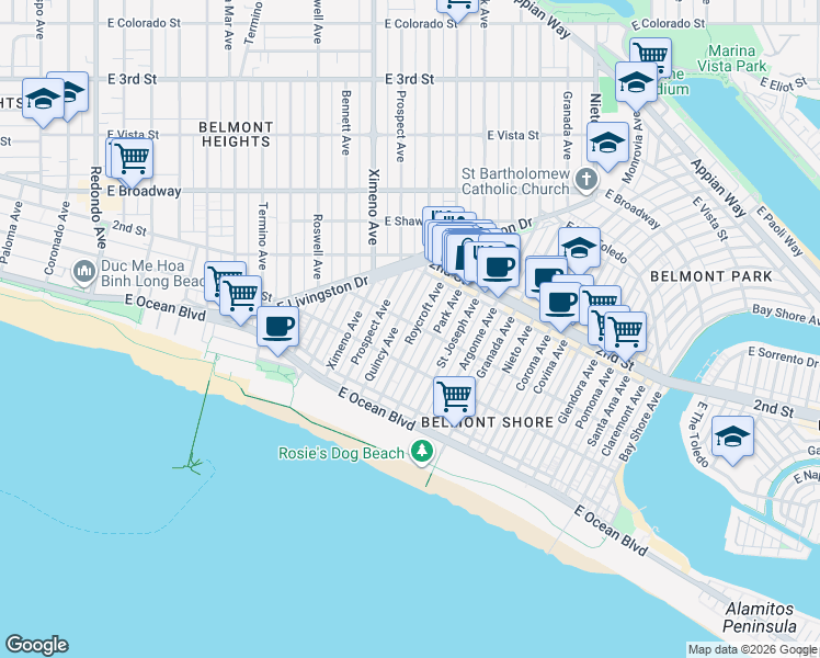 map of restaurants, bars, coffee shops, grocery stores, and more near 129 Roycroft Avenue in Long Beach
