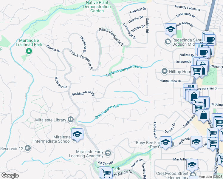 map of restaurants, bars, coffee shops, grocery stores, and more near 50 Rockinghorse Road in Rancho Palos Verdes