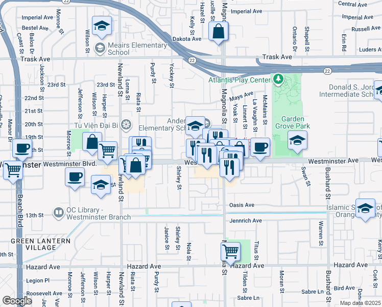 map of restaurants, bars, coffee shops, grocery stores, and more near 13946 Sandy Way in Garden Grove