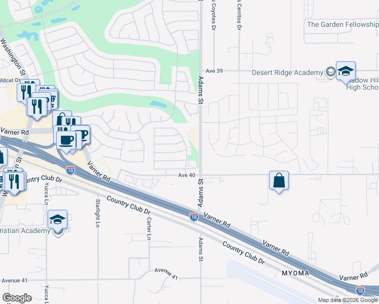 map of restaurants, bars, coffee shops, grocery stores, and more near 39912 Felicita Parkway in Palm Desert