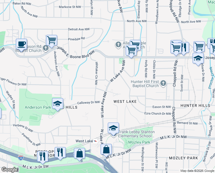 map of restaurants, bars, coffee shops, grocery stores, and more near 1738 Springview Road Northwest in Atlanta