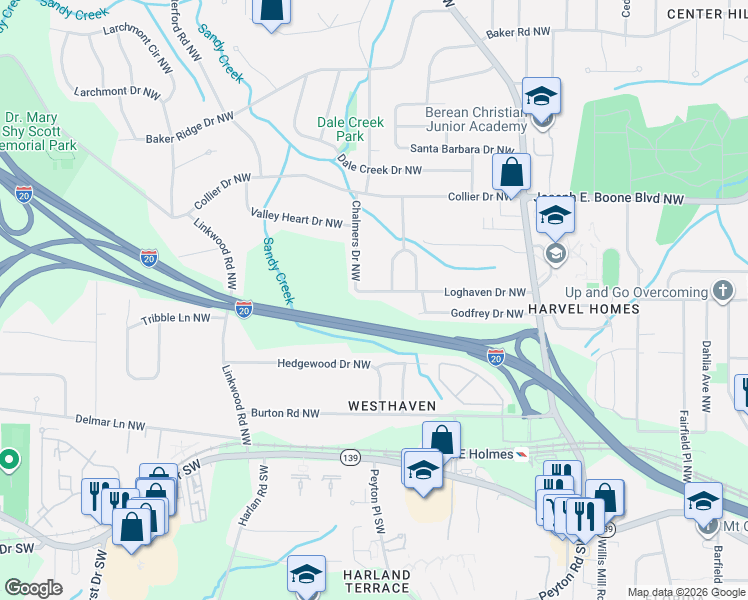 map of restaurants, bars, coffee shops, grocery stores, and more near 2727 Loghaven Drive Northwest in Atlanta