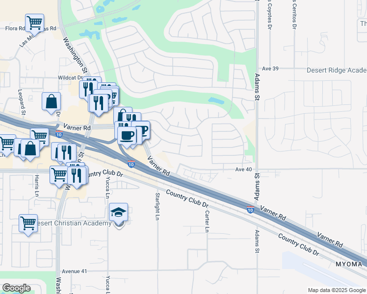 map of restaurants, bars, coffee shops, grocery stores, and more near 39814 Dorset Drive in Palm Desert