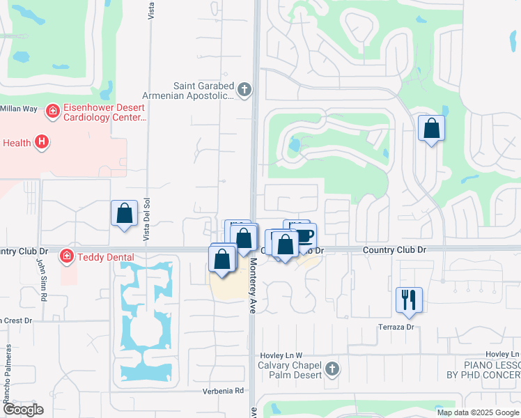 map of restaurants, bars, coffee shops, grocery stores, and more near 149 Vía Tramonto in Palm Desert