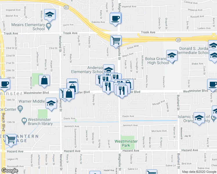 map of restaurants, bars, coffee shops, grocery stores, and more near 8902 Hewitt Place in Garden Grove