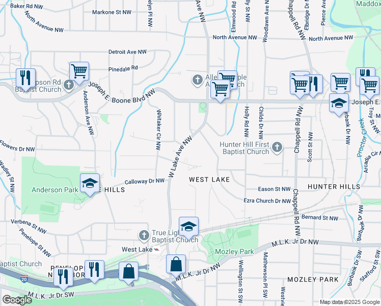 map of restaurants, bars, coffee shops, grocery stores, and more near 239 West Lake Avenue Northwest in Atlanta