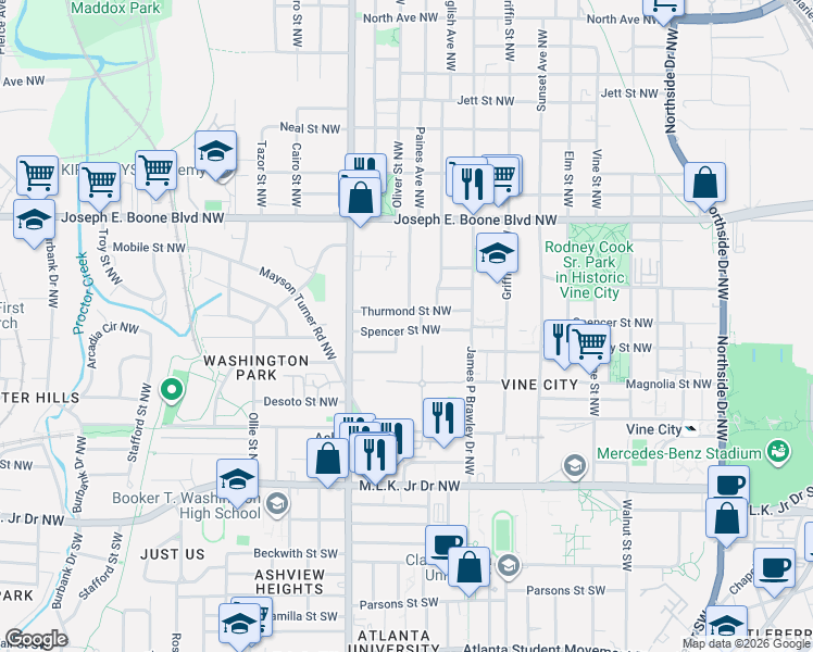 map of restaurants, bars, coffee shops, grocery stores, and more near 847 Spencer Street Northwest in Atlanta