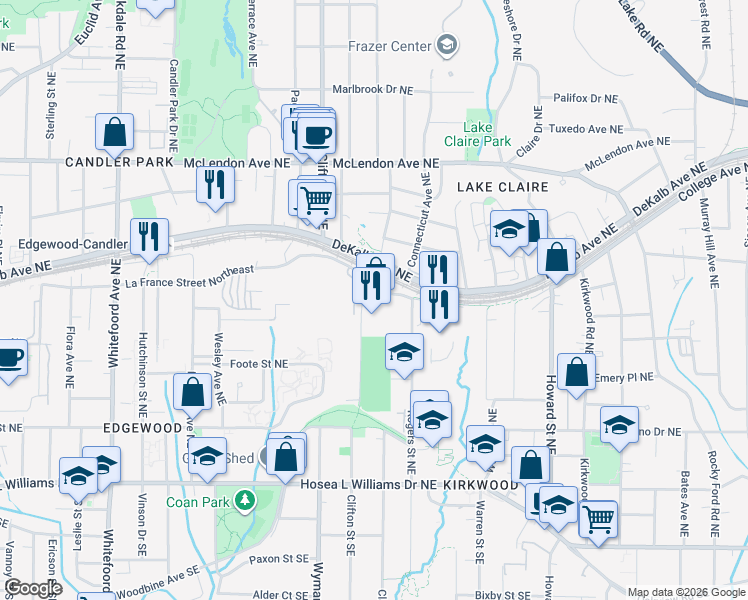 map of restaurants, bars, coffee shops, grocery stores, and more near 195 Arizona Avenue Northeast in Atlanta