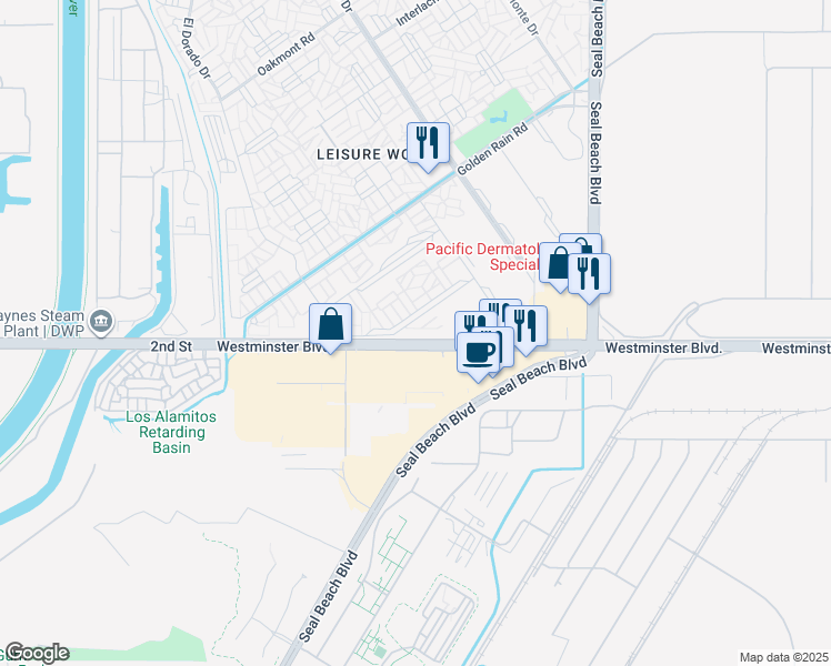 map of restaurants, bars, coffee shops, grocery stores, and more near 1580 Monterey Road in Seal Beach
