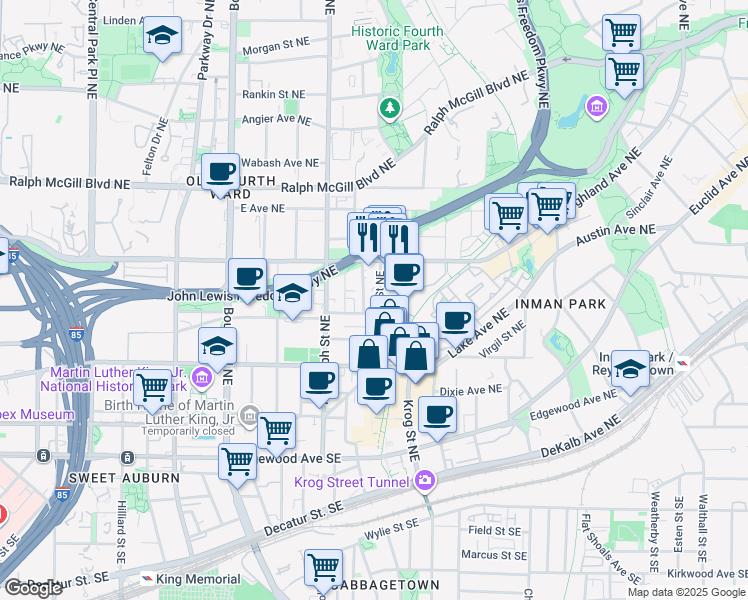 map of restaurants, bars, coffee shops, grocery stores, and more near 229 Corley Street Northeast in Atlanta