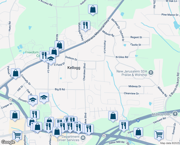 map of restaurants, bars, coffee shops, grocery stores, and more near 1685 Dogwood Trail in Douglasville