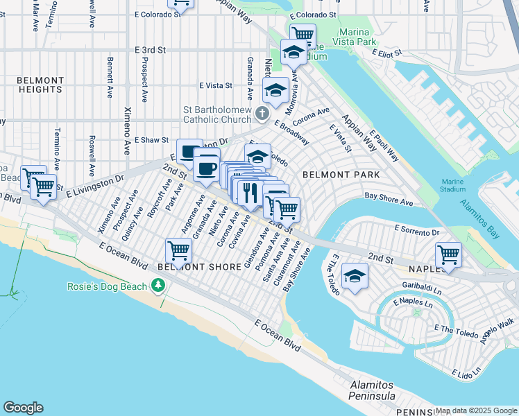 map of restaurants, bars, coffee shops, grocery stores, and more near 204 Corona Avenue in Long Beach