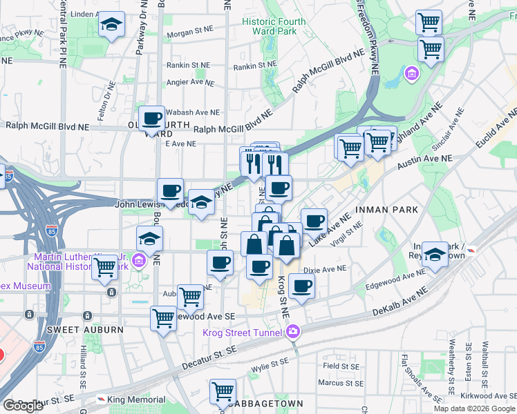map of restaurants, bars, coffee shops, grocery stores, and more near 231 Corley Street Northeast in Atlanta