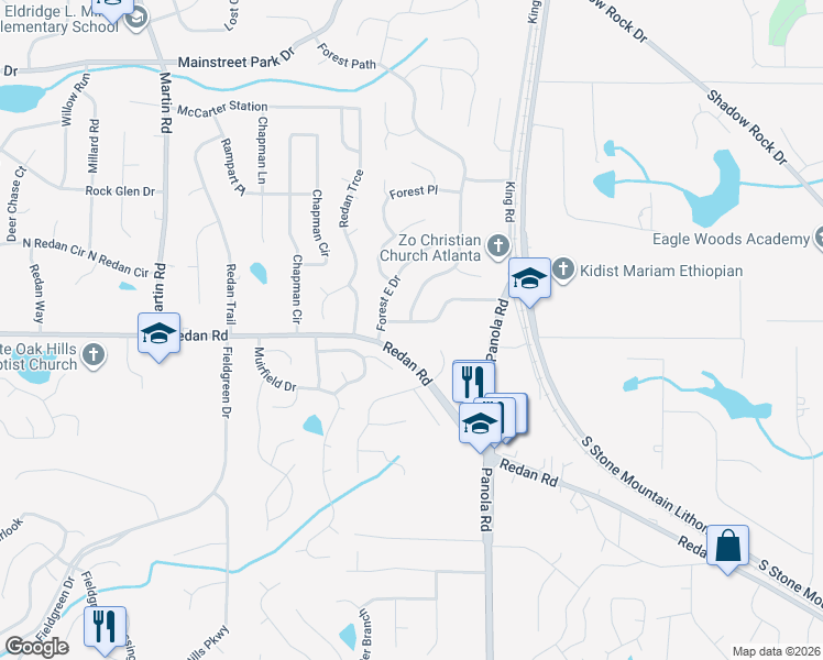 map of restaurants, bars, coffee shops, grocery stores, and more near 5389 Forest East Lane in Stone Mountain