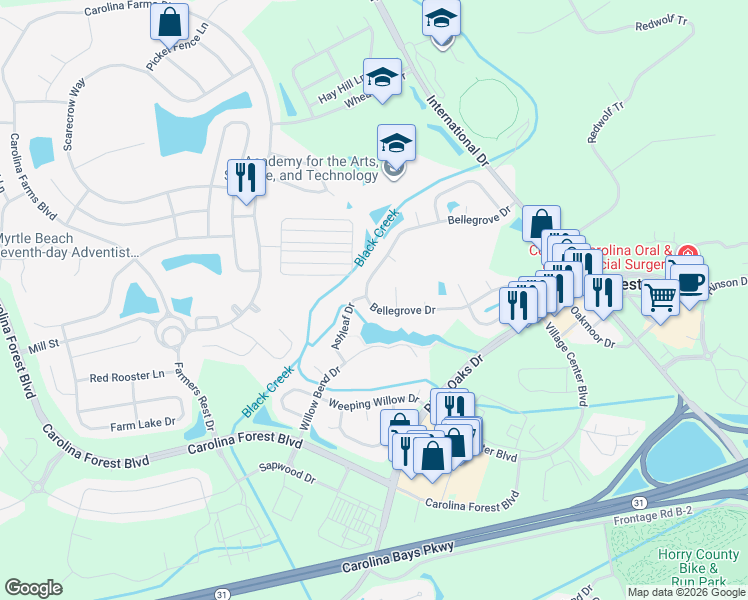 map of restaurants, bars, coffee shops, grocery stores, and more near 284 Bellegrove Drive in Myrtle Beach