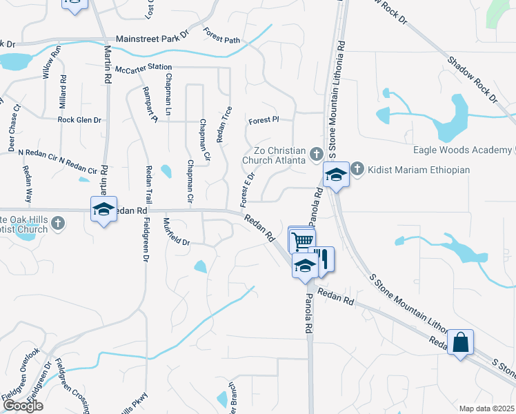 map of restaurants, bars, coffee shops, grocery stores, and more near 1137 Forest Path in Stone Mountain