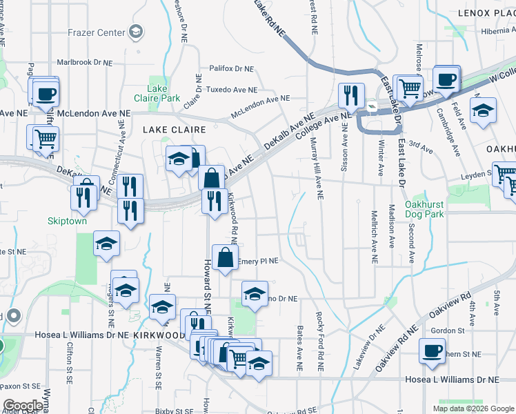 map of restaurants, bars, coffee shops, grocery stores, and more near 253 Norwood Avenue Northeast in Atlanta