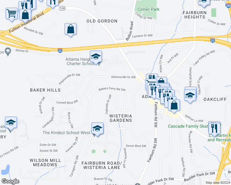 map of restaurants, bars, coffee shops, grocery stores, and more near 395 Charter Oak Drive Southwest in Atlanta