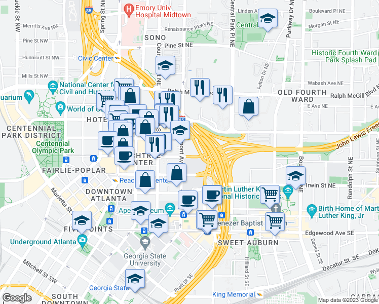 map of restaurants, bars, coffee shops, grocery stores, and more near 215 Piedmont Avenue Northeast in Atlanta