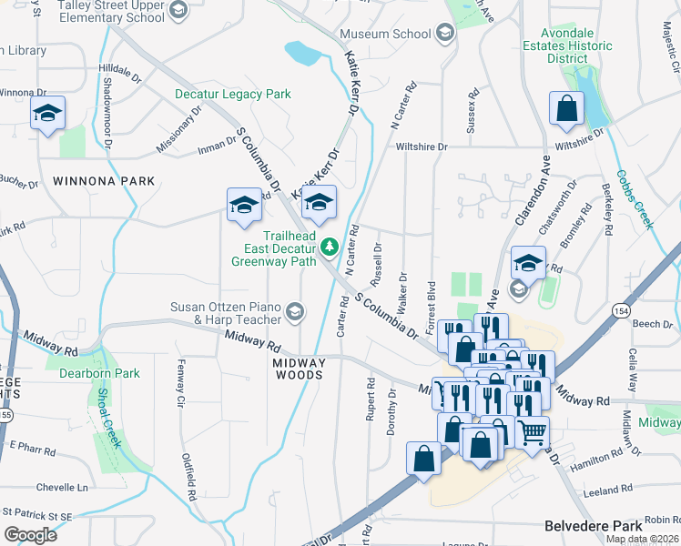 map of restaurants, bars, coffee shops, grocery stores, and more near 1203 North Carter Road in Decatur