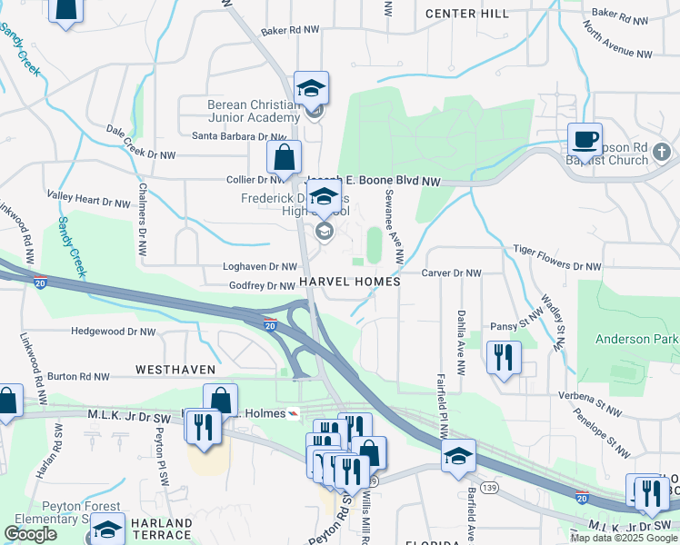 map of restaurants, bars, coffee shops, grocery stores, and more near 2467 Harvel Drive Northwest in Atlanta