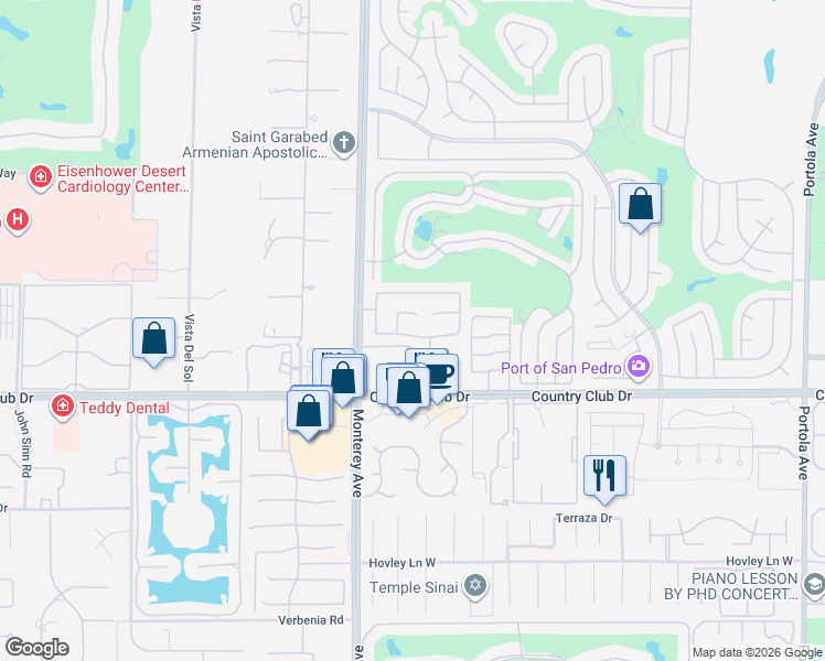map of restaurants, bars, coffee shops, grocery stores, and more near 227 Corte Sole in Palm Desert