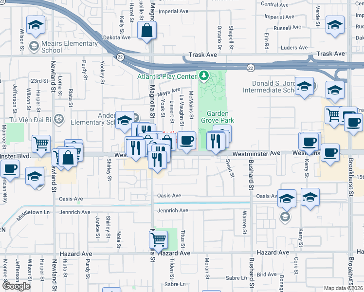 map of restaurants, bars, coffee shops, grocery stores, and more near 9111 Westminster Avenue in Garden Grove