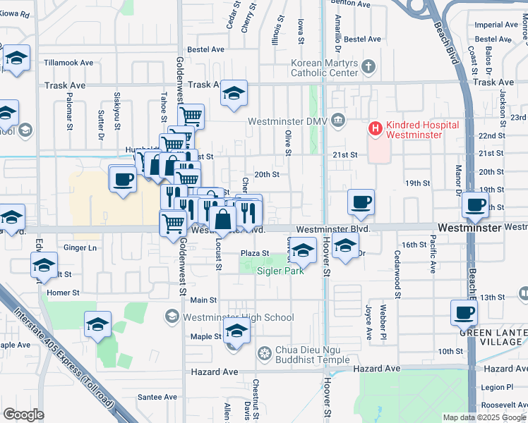 map of restaurants, bars, coffee shops, grocery stores, and more near 7282 Wyoming Street in Westminster