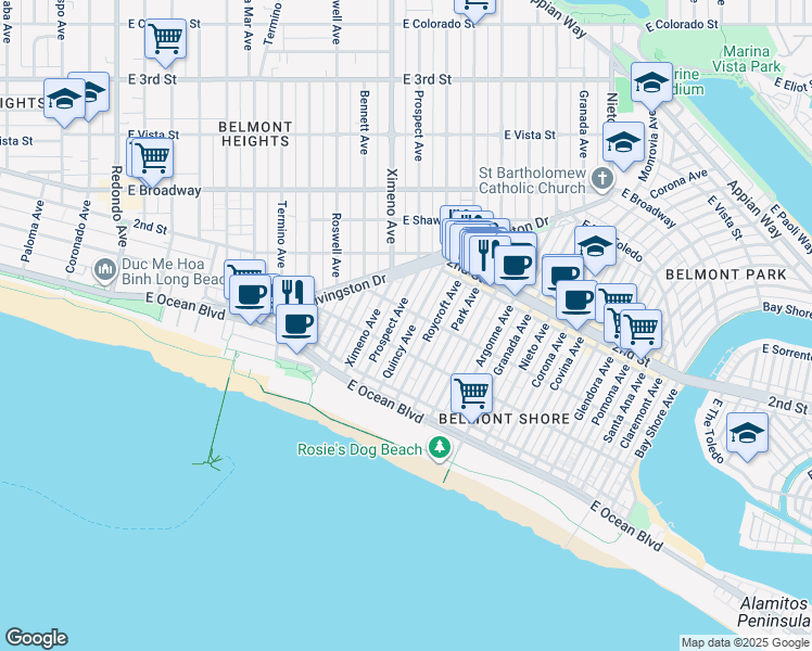 map of restaurants, bars, coffee shops, grocery stores, and more near in Long Beach
