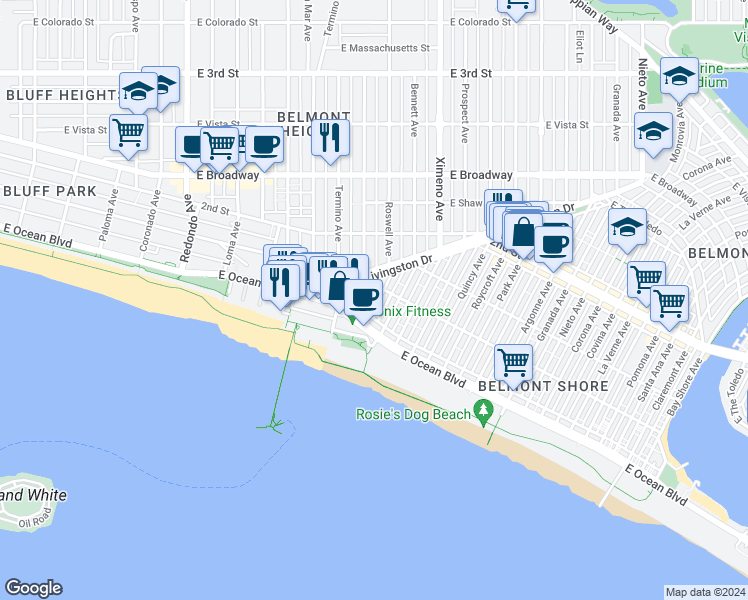 map of restaurants, bars, coffee shops, grocery stores, and more near 130 East 1st Street in Long Beach