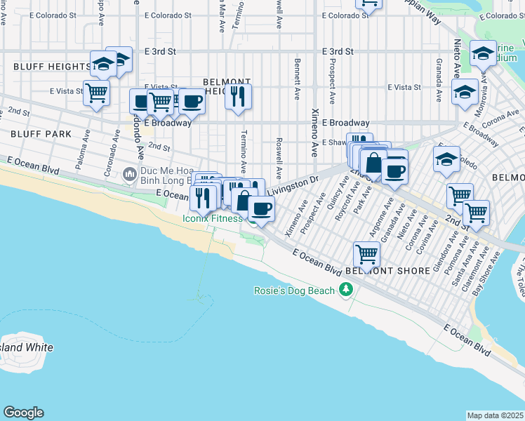 map of restaurants, bars, coffee shops, grocery stores, and more near 130 East 1st Street in Long Beach