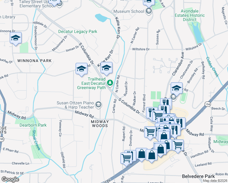 map of restaurants, bars, coffee shops, grocery stores, and more near 1203 North Carter Road in Decatur