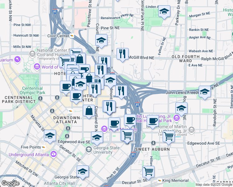 map of restaurants, bars, coffee shops, grocery stores, and more near 215 Piedmont Avenue Northeast in Atlanta