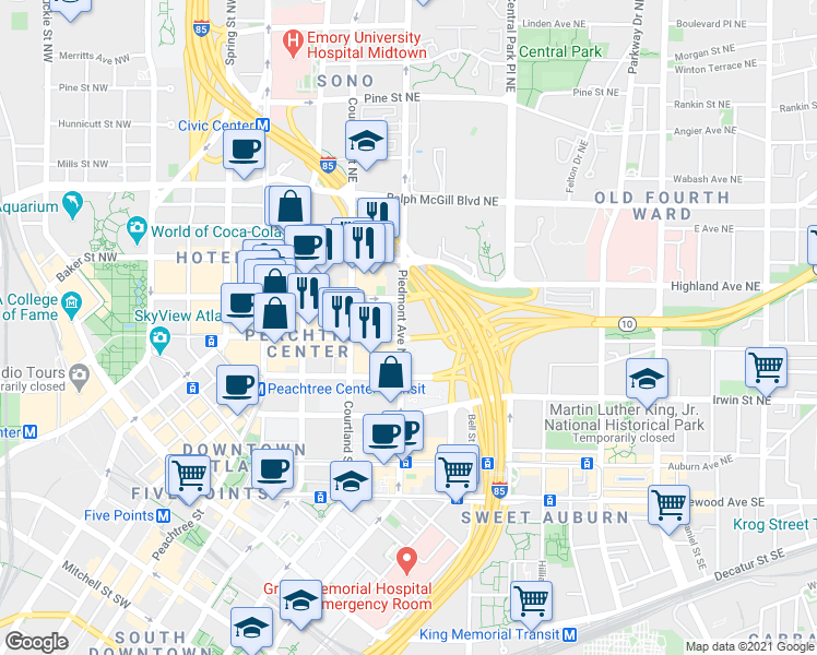 map of restaurants, bars, coffee shops, grocery stores, and more near 215 Piedmont Avenue Northeast in Atlanta