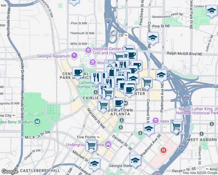 map of restaurants, bars, coffee shops, grocery stores, and more near in Atlanta