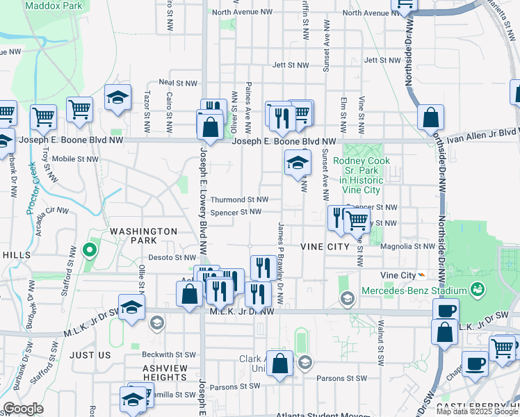 map of restaurants, bars, coffee shops, grocery stores, and more near 811 Thurmond Street Northwest in Atlanta