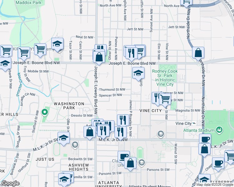 map of restaurants, bars, coffee shops, grocery stores, and more near 811 Thurmond Street Northwest in Atlanta