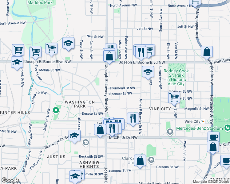 map of restaurants, bars, coffee shops, grocery stores, and more near 879 Spencer Street Northwest in Atlanta