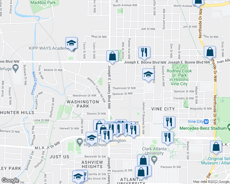 map of restaurants, bars, coffee shops, grocery stores, and more near 891 Spencer Street Northwest in Atlanta