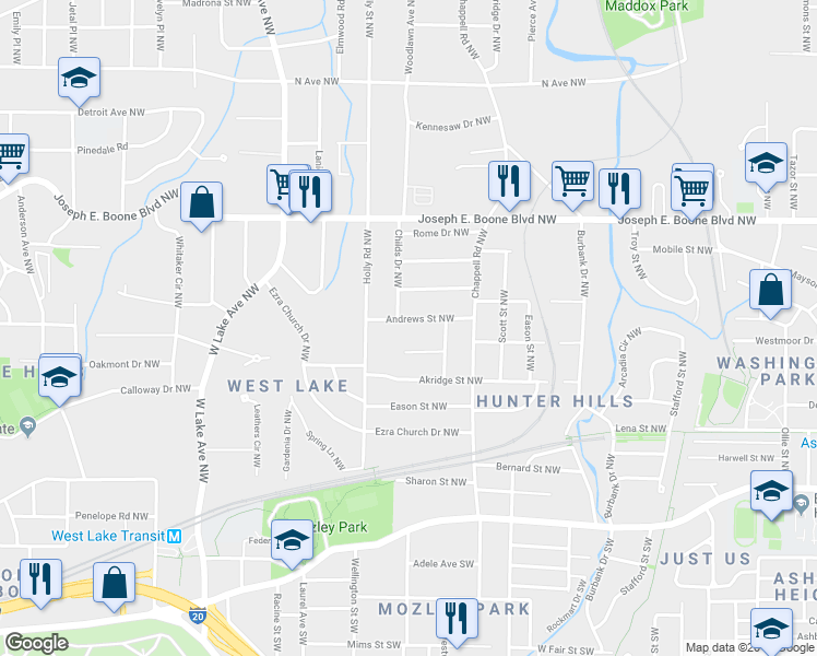 map of restaurants, bars, coffee shops, grocery stores, and more near 1470 Andrews Street Northwest in Atlanta