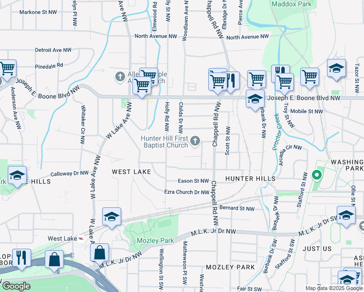 map of restaurants, bars, coffee shops, grocery stores, and more near 1482 Andrews Street Northwest in Atlanta