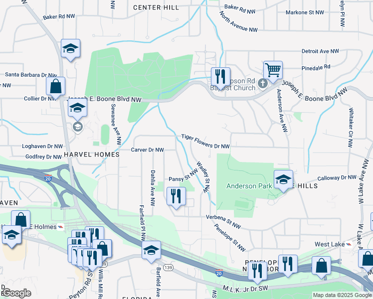 map of restaurants, bars, coffee shops, grocery stores, and more near 308 Wadley Street Northwest in Atlanta
