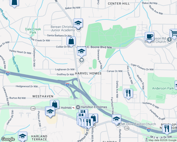 map of restaurants, bars, coffee shops, grocery stores, and more near 2467 Harvel Drive Northwest in Atlanta
